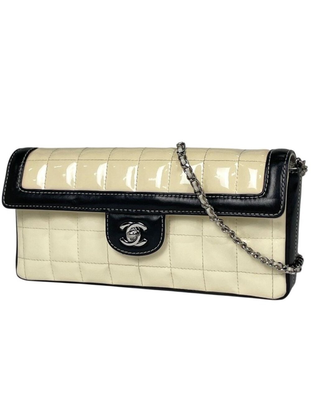 Chanel Shoulder Bag CC Logo Chocolate Bar Patent Patent Leather White Black